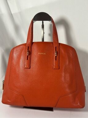 4282: Furla Orange Pebbled Leather Dome Satchel Handbag